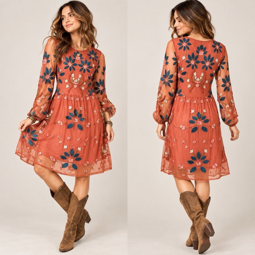 Philosophy Burnt Orange Floral Embroidered Prairie Dress L• Boho Chic Folkcore
